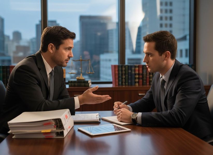 Two men in suits sit at an office desk. One man gestures while speaking, the other listens and takes notes. Files and a tablet are on the desk, with city buildings visible through a window. Two Lawyers in a Business Meeting