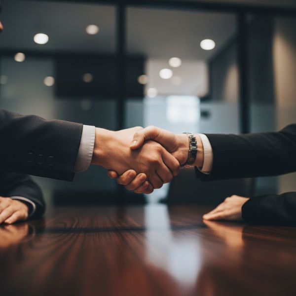 a firm handshake between a client and an attorney across a polished conference table. The focus is on the handshake, symbolizing a partnership built on trust, support, and professional advocacy.