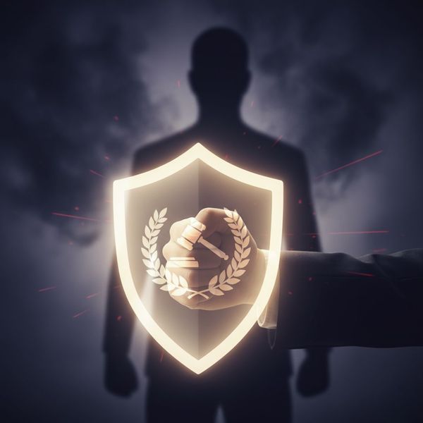 image of a person’s hand confidently holding a symbolic shield, protecting them from an abstract, blurry figure in the background. The image is stylized and suggests protection, rights, and security.
