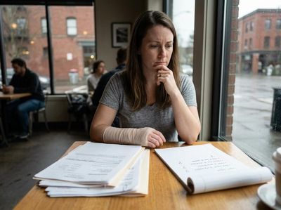 A pensive woman with a bandaged left wrist sits at a cafe table with papers and a notepad, looking out the window on a rainy day. Woman with bandaged wrist in a cafe, looking thoughtful