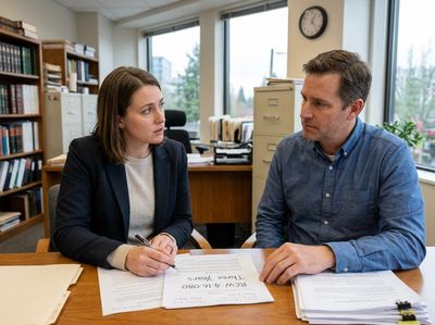 A female lawyer explains legal documents to a male client in an office setting with bookshelves and filing cabinets. She holds a pen, he listens intently. Legal Professional Explaining Document to Client