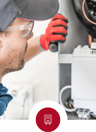 technician inspecting water heater with icon