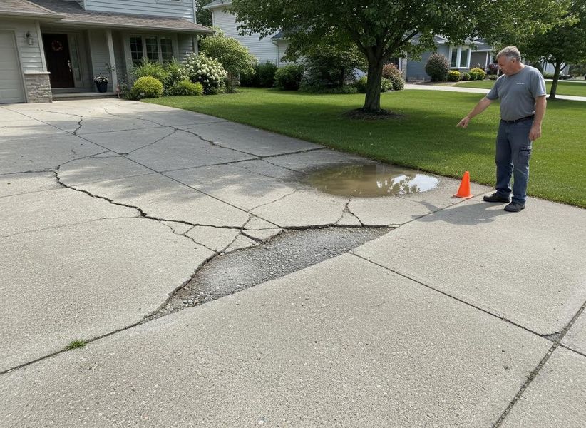 A man points at a severely cracked concrete driveway with a large broken section, exposed gravel, a puddle, and an orange safety cone. Man Inspecting Severely Cracked Concrete Driveway