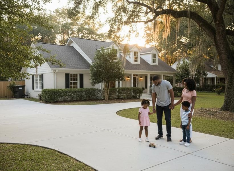 A family of four stands on a driveway in front of a white house at sunset. The daughter looks at a toy car on the ground. African American Family with Children on Driveway