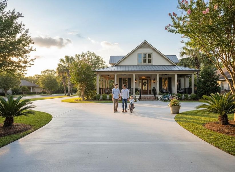 Two men hold hands walking a young child on a tricycle up a wide concrete driveway towards a large, picturesque house with a covered porch and lush landscaping. Two men and a child on a tricycle walking towards a home