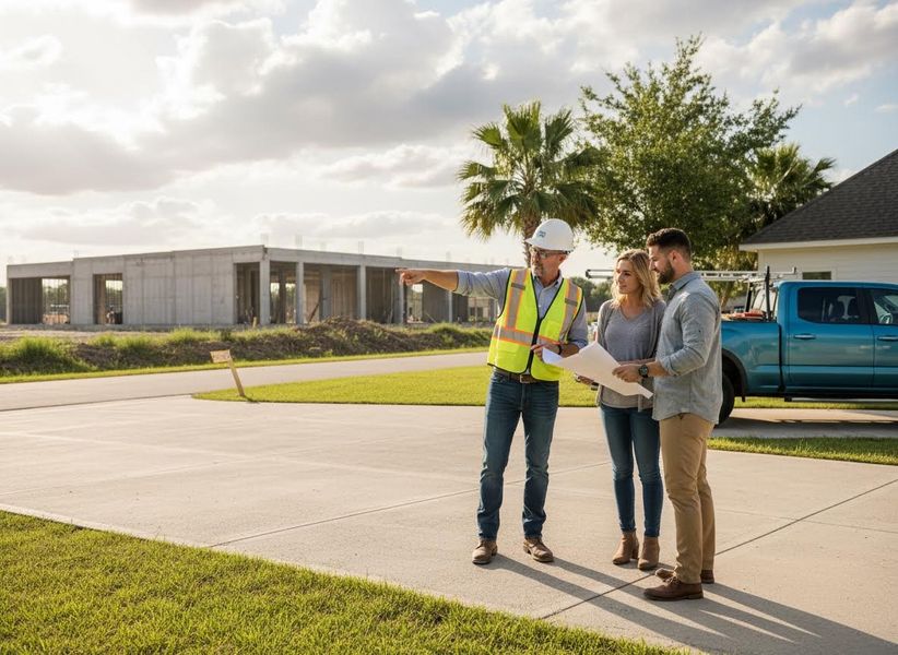 A construction worker in a hard hat points to a new concrete building, showing blueprints to a couple at a development site. Builder Discusses Construction Plans with Homeowners