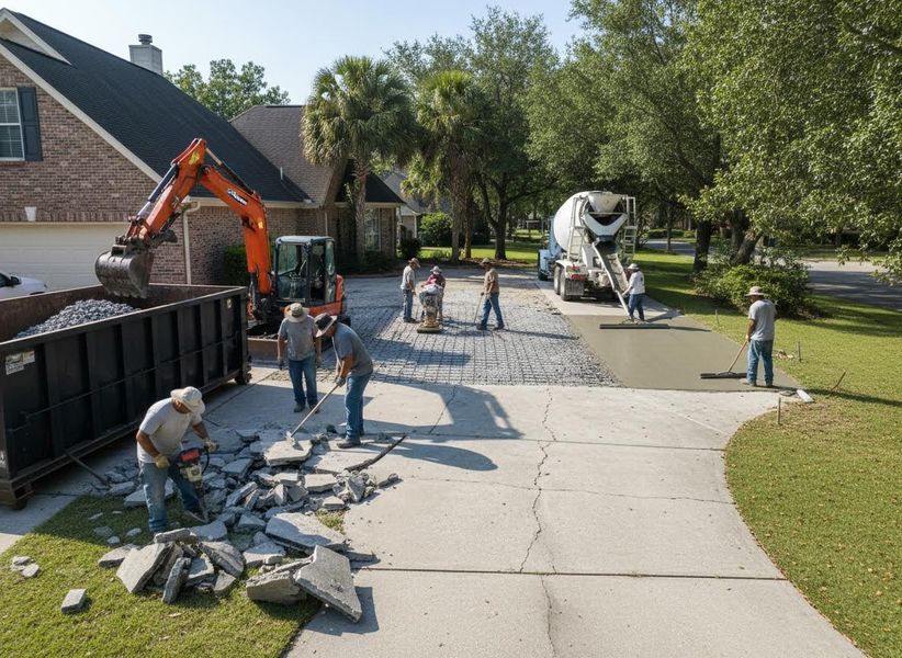 Construction workers replace a residential driveway, breaking old concrete, preparing ground, and pouring new concrete from a mixer truck. Residential Driveway Replacement and Concrete Pouring