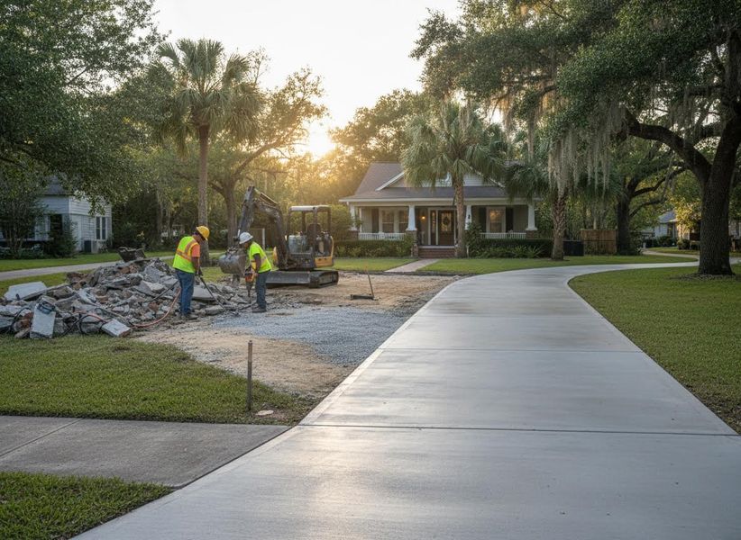 Two workers in safety gear break up old concrete near a new curved driveway leading to a house with palm trees and large oak trees at sunset. Construction of a New Concrete Driveway