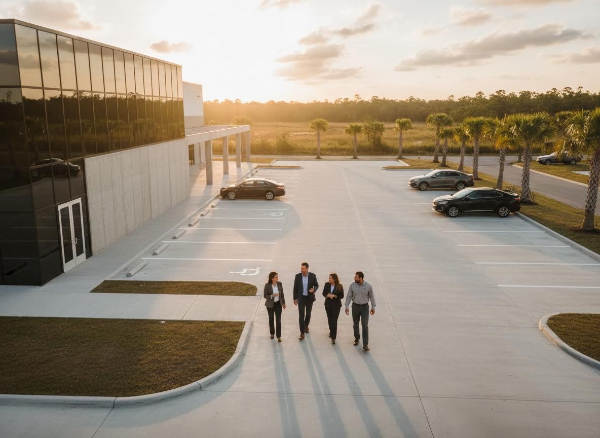 Business team walking outside modern office building