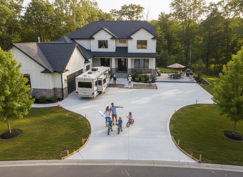 A family with children on bikes on a large concrete driveway in front of their modern new house, with an RV and workers. Family with New Home and Concrete Driveway