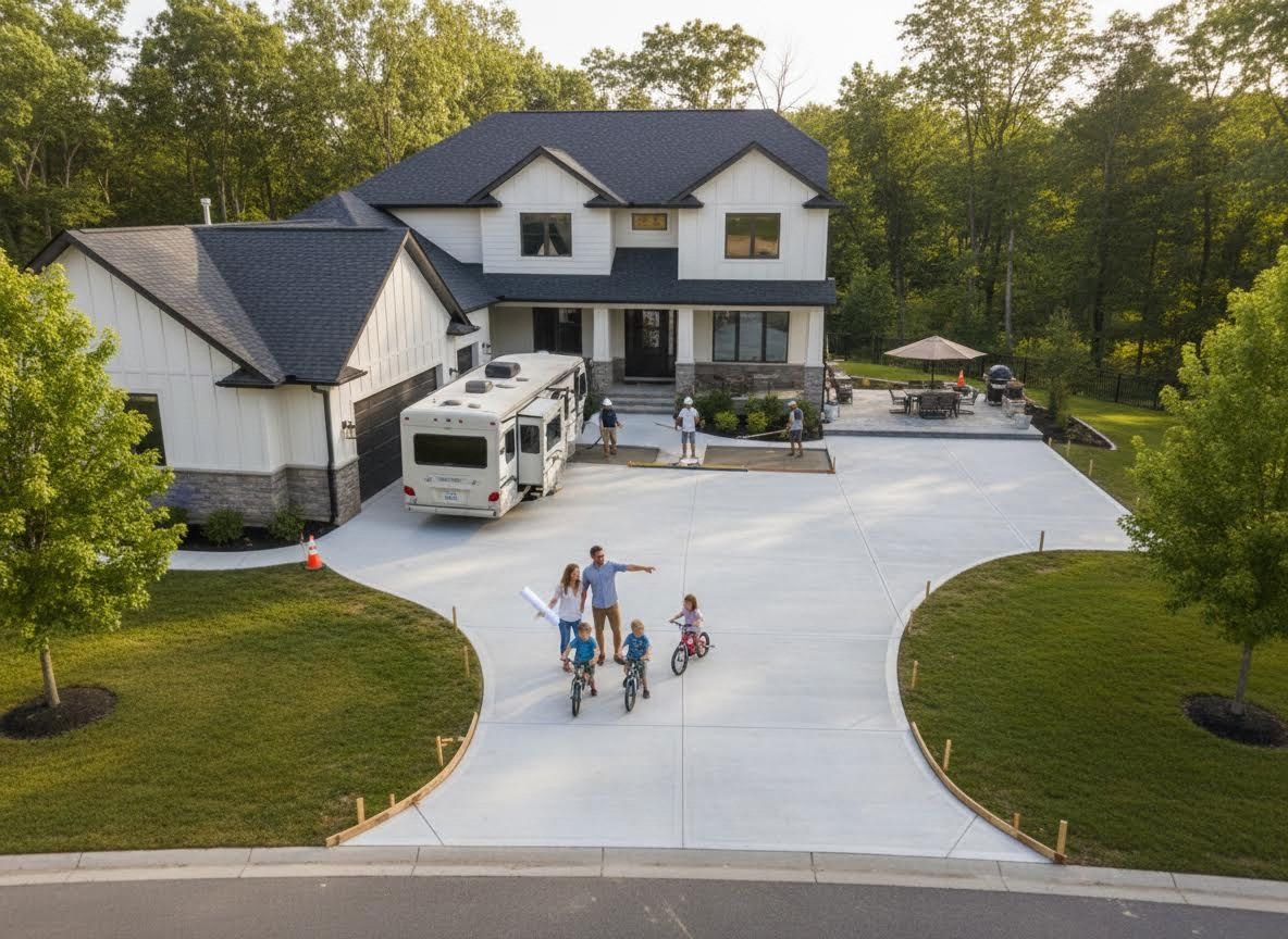 Family with New Home and Concrete Driveway
