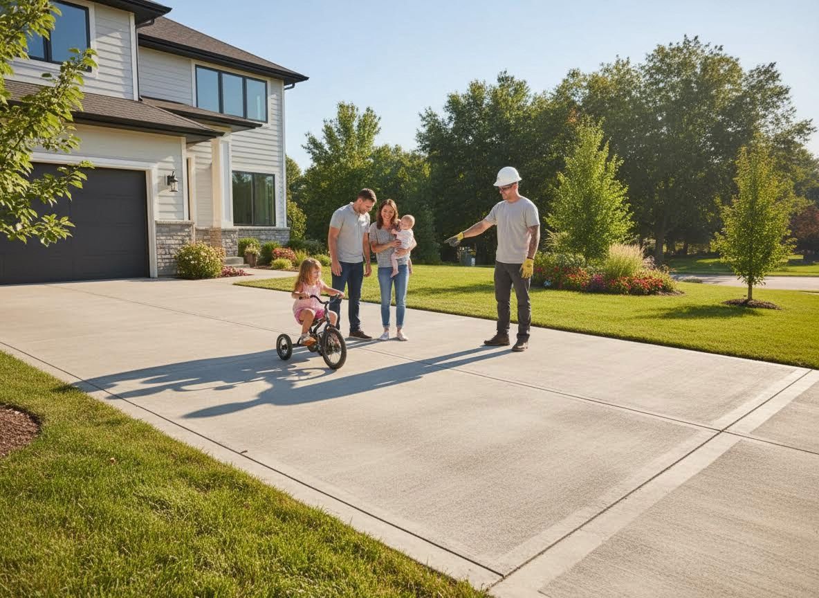 Family with contractor on newly poured concrete driveway