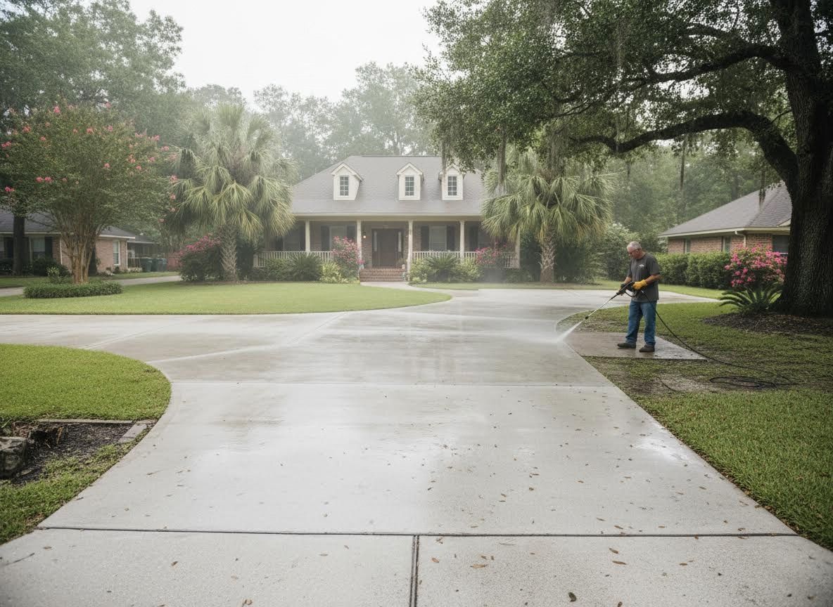 Man Pressure Washing Driveway