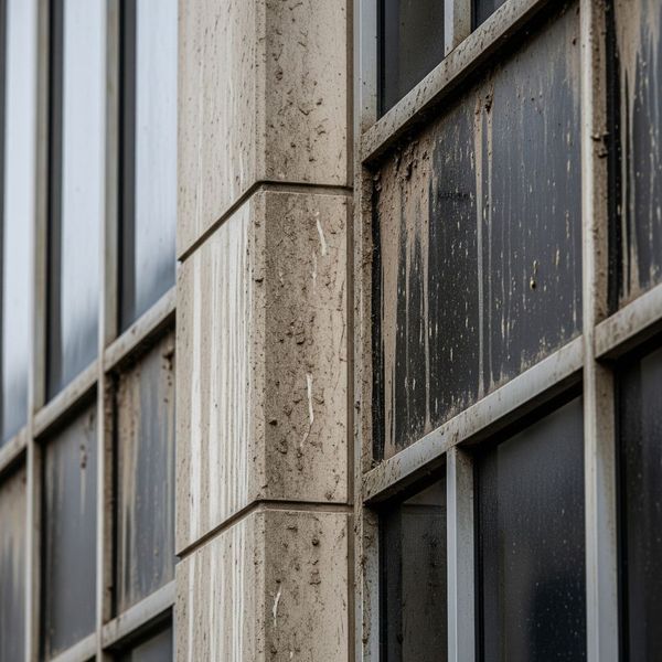 Commercial building exterior showing dirt and grime