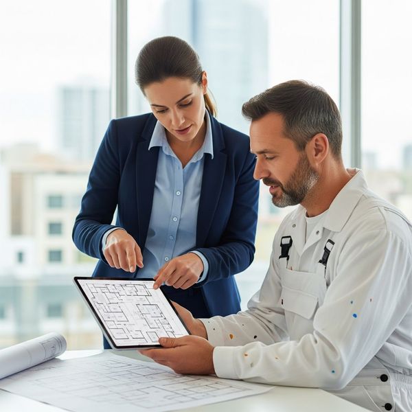 a project manager and a painter reviewing blueprints or a digital plan on a tablet in a clean, commercial setting.