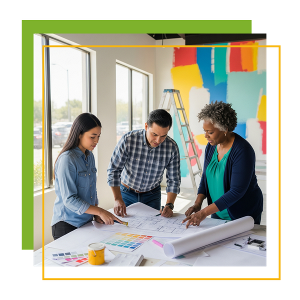 A diverse business team reviews painting plans and color swatches in a bright, newly painted commercial space. A diverse business team reviews painting plans and color swatches in a bright, newly painted commercial space.