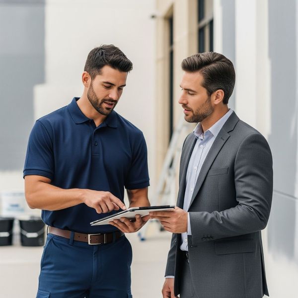 a project manager in a clean, professional uniform consulting with a business owner in professional attire at a commercial property, discussing a painting project and looking at a tablet a project manager in a clean, professional uniform consulting with a business owner in professional attire at a commercial property, discussing a painting project and looking at a tablet