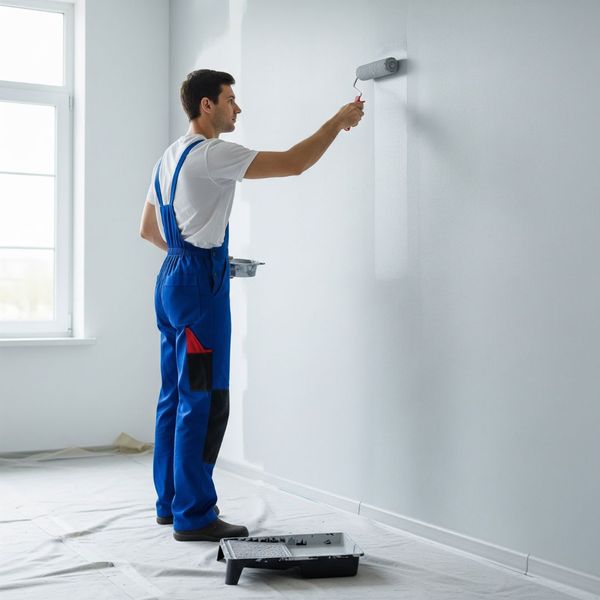 a painter meticulously applying a fresh coat of paint to a wall with a roller, showing an even and smooth finish.