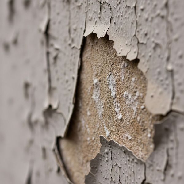 Close-up of exterior paint damage on a commercial building from coastal weather effects. Close-up of exterior paint damage on a commercial building from coastal weather effects.