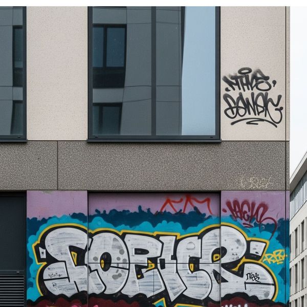 Commercial building covered in graffiti