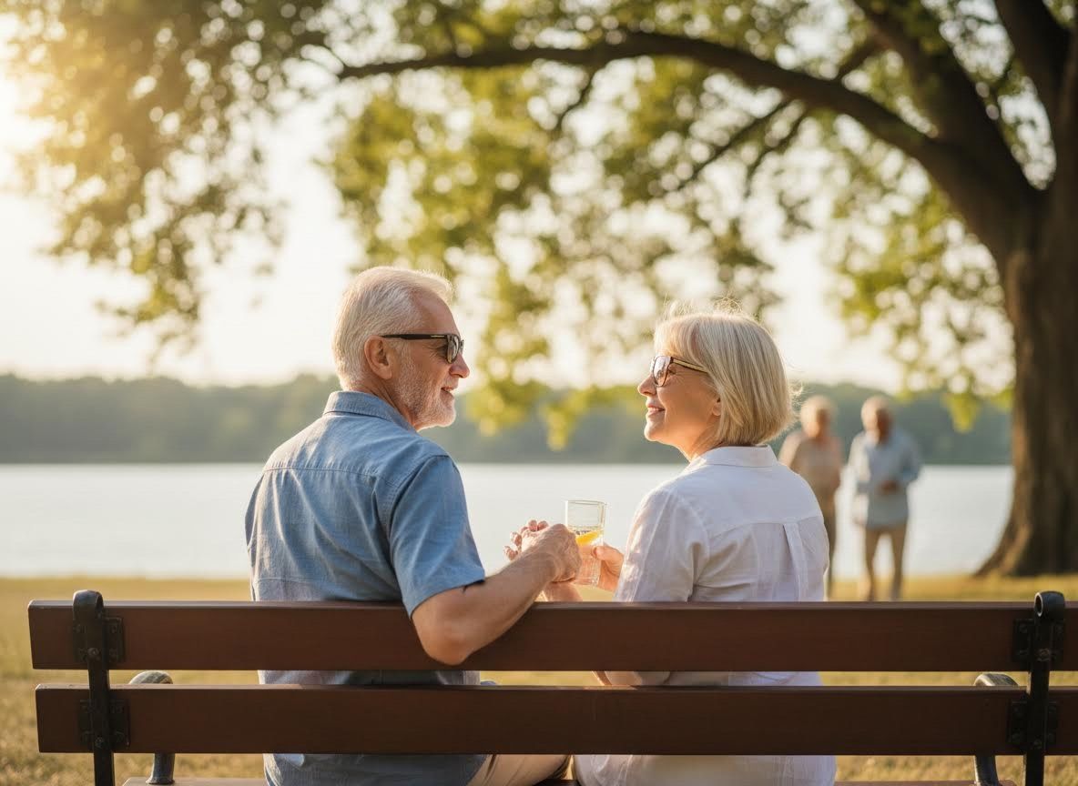 Smiling senior couple on park bench by lake