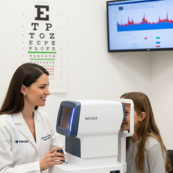 a smiling eye doctor examining a young girl's eye