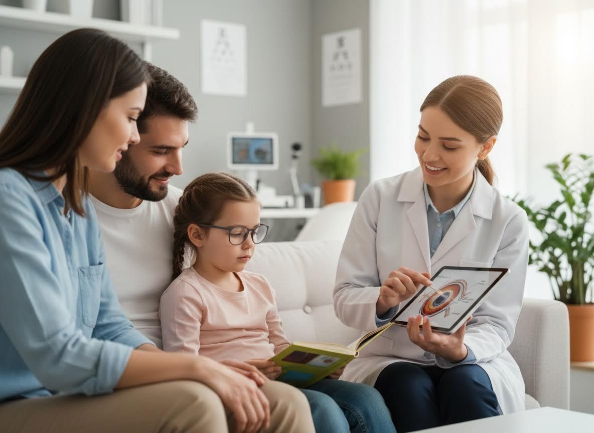 Optometrist Explaining Eye Health to a Family
