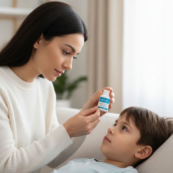 A mother gently administering eye drops to her young son