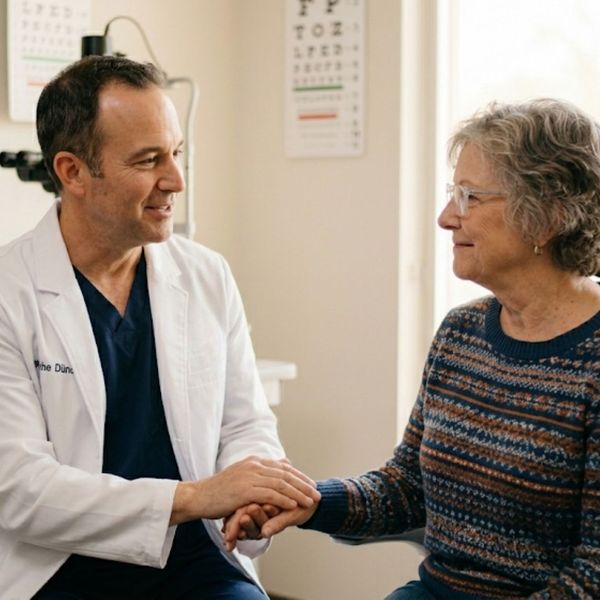 eye doctor holding hand with patient