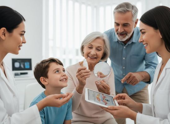 Optometrists discussing eye health with a family