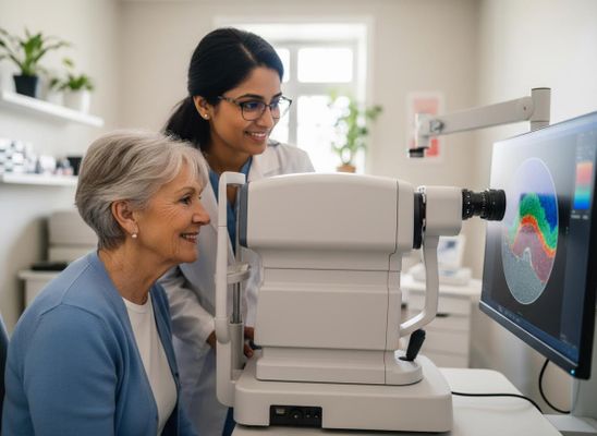 Ophthalmologist assists senior woman during eye exam