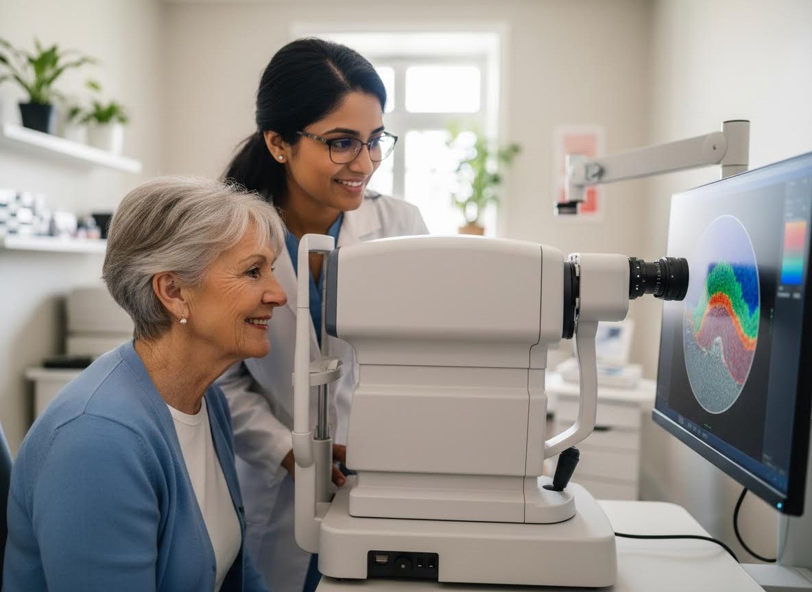 Ophthalmologist assists senior woman during eye exam