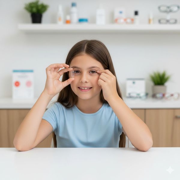 A smiling young girl holding a specialized contact lens, prepared to insert it into her eye.