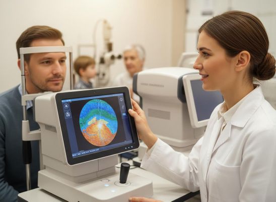 Optometrist examining a patient's eyes