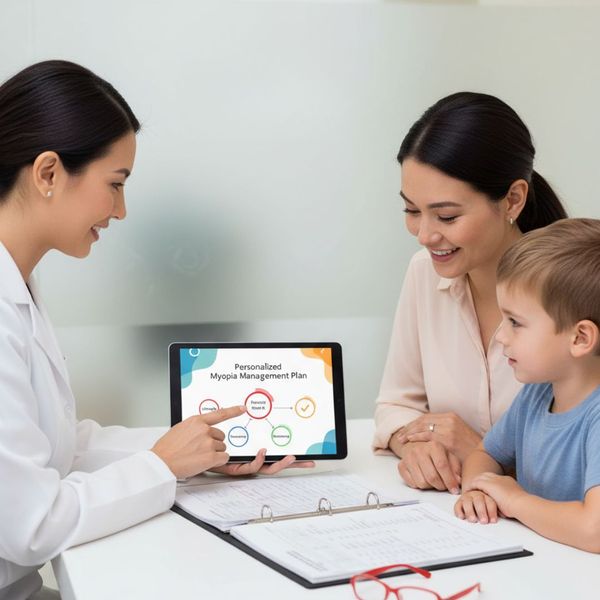 A female optometrist in a white lab coat uses a tablet to show a plan to a smiling mother and her young son