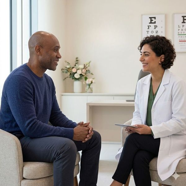 eye doctor talking with patient