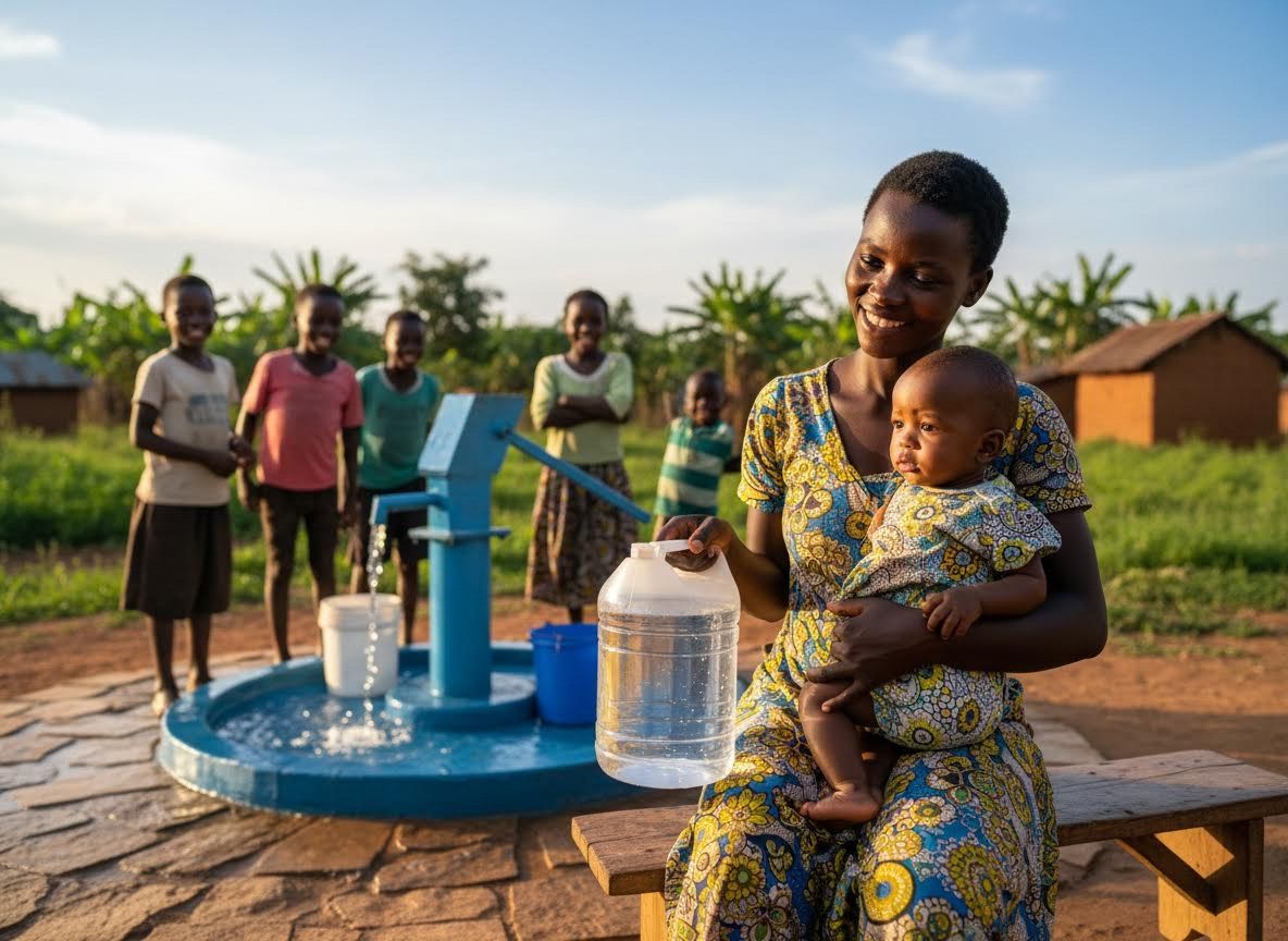 Mother and baby at community water pump