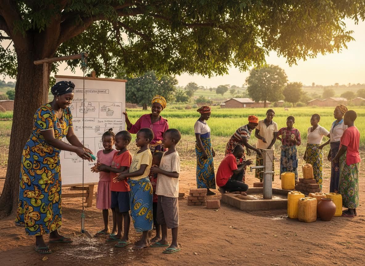 Rural community demonstrating hygiene and water access
