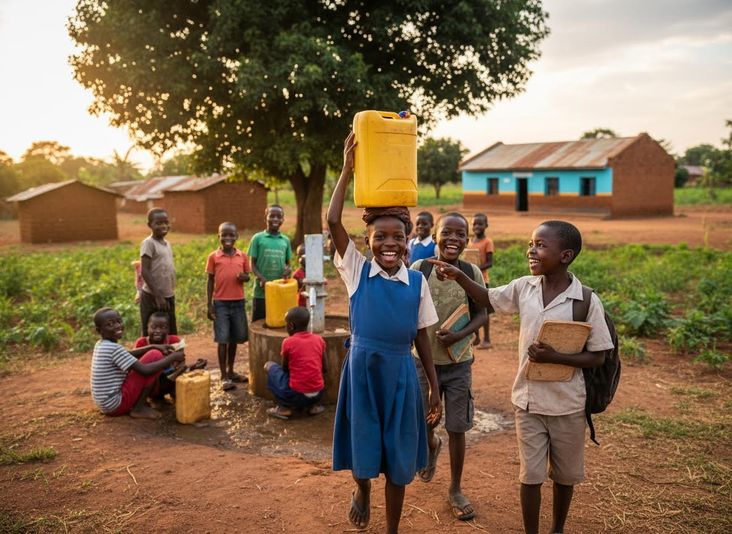 Joyful Children Collecting Water in a Rural African Village