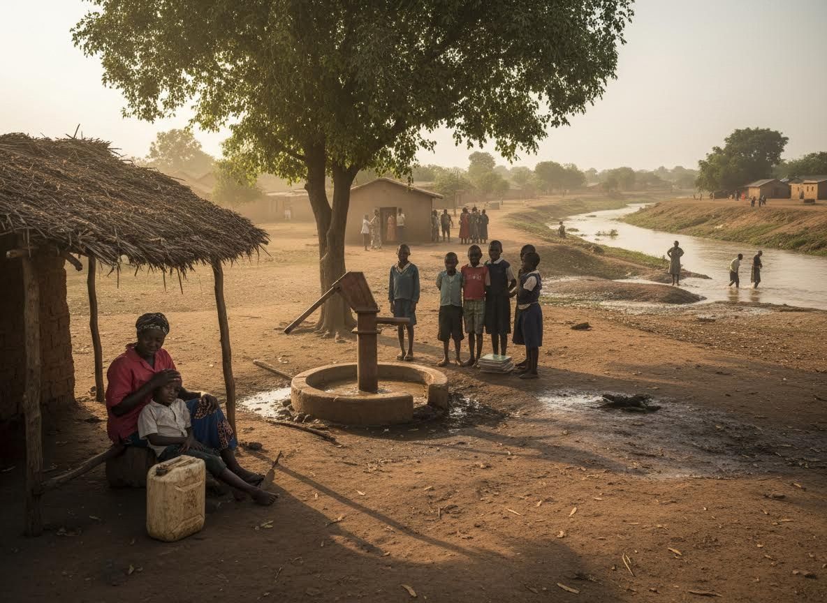 Rural village with a communal water pump and river
