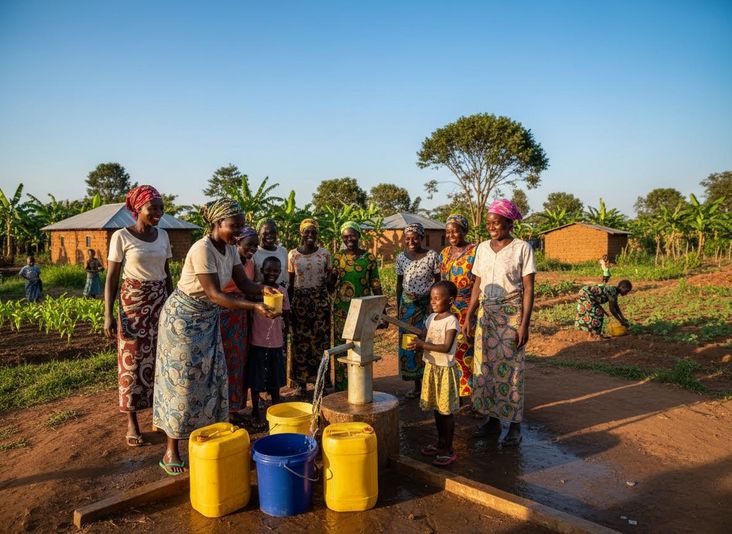 Joyful community gathers at a village water pump