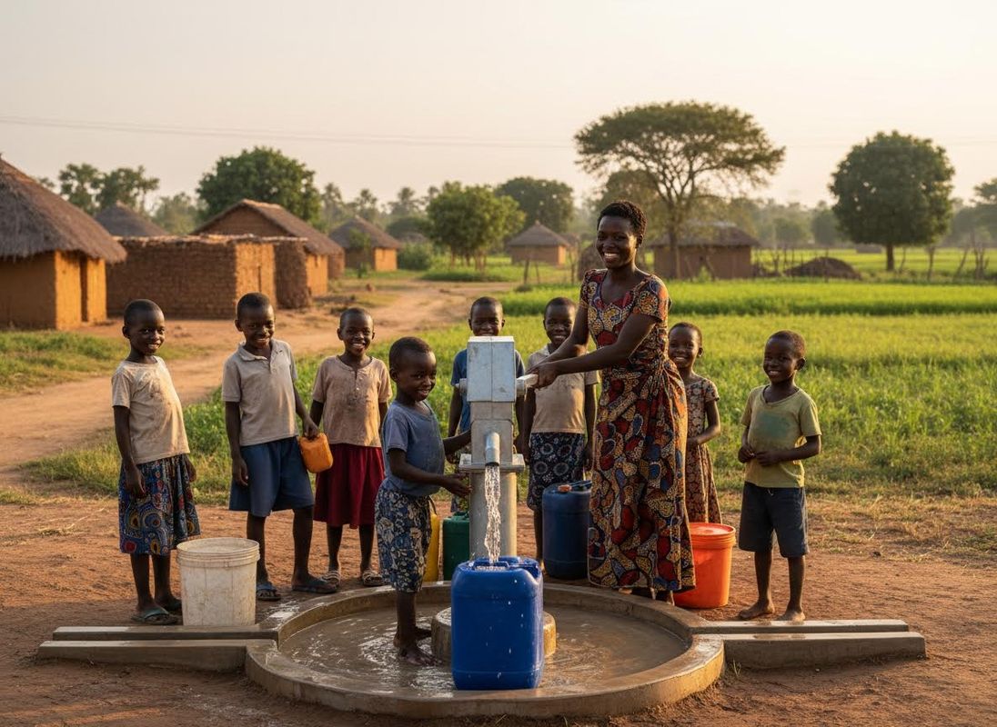 Woman and children collecting water from a communal pump