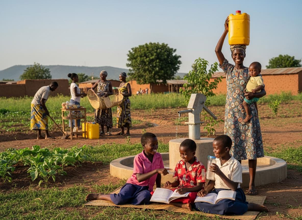 Rural African community with clean water, education, and daily life activities