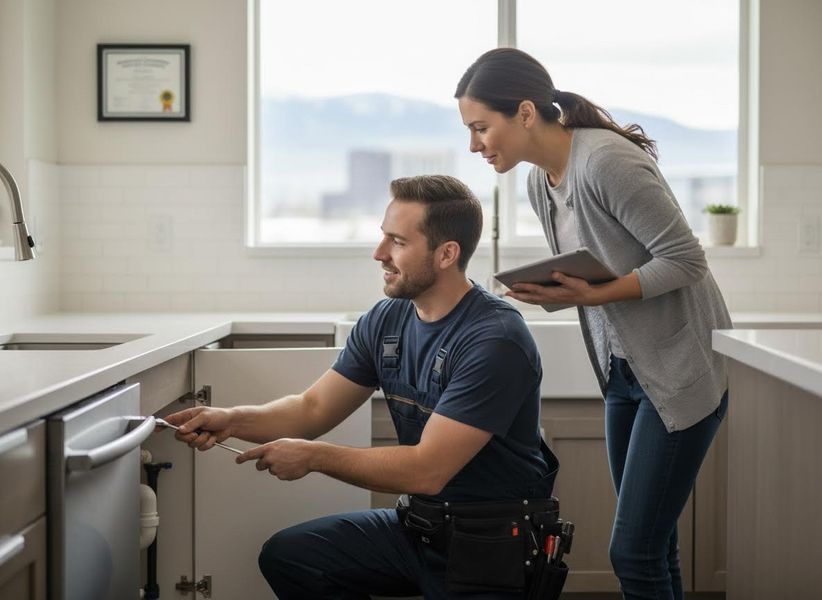 A male technician in blue overalls fixes a dishwasher under a modern kitchen counter while a woman watches, holding a tablet. Repairman fixing kitchen appliance with homeowner