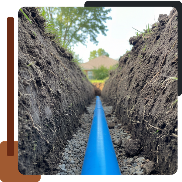 A bright blue plastic pipe laid in a bed of gravel at the bottom of a deep, narrow trench dug into dark soil, with a grassy lawn and a house visible in the background.