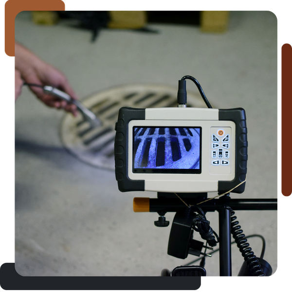A plumber performing a sewer line inspection using a specialized video camera monitor. The screen displays a close-up, illuminated view of the interior of a drain or manhole grate.