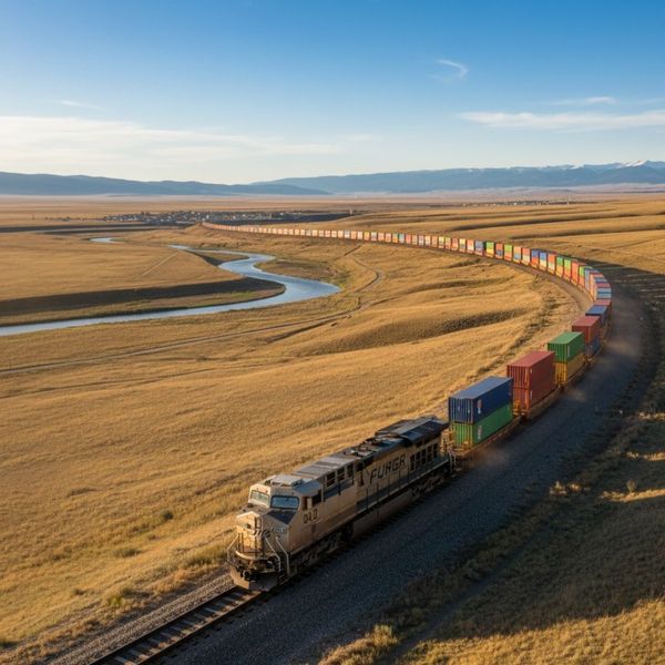 exaggerated shipping train traveling across tracks