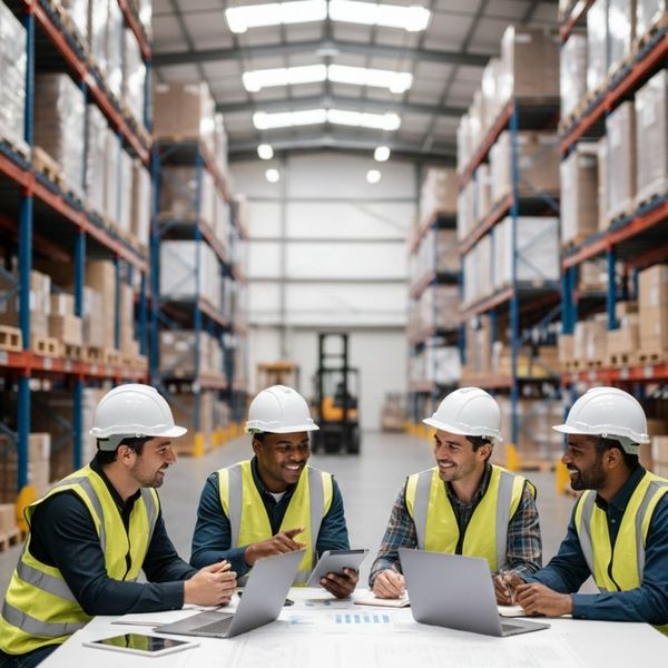 employees in the warehouse chatting