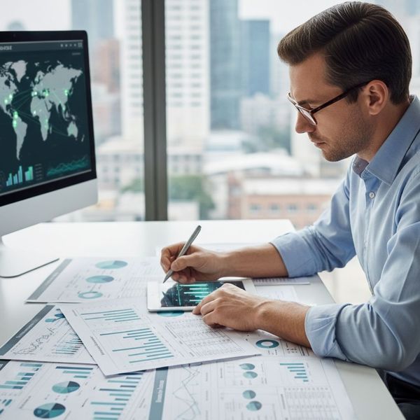 Man scanning data from graphs and charts