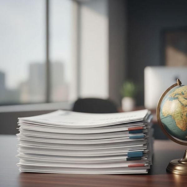 data paperwork stacked up next to globe